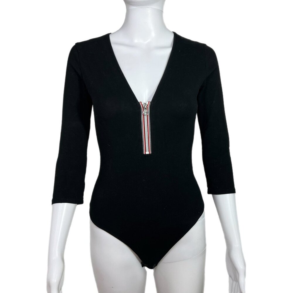 PRE-OWNED - Express Black V Neck with Zipper Detail Bodysuit Size XS